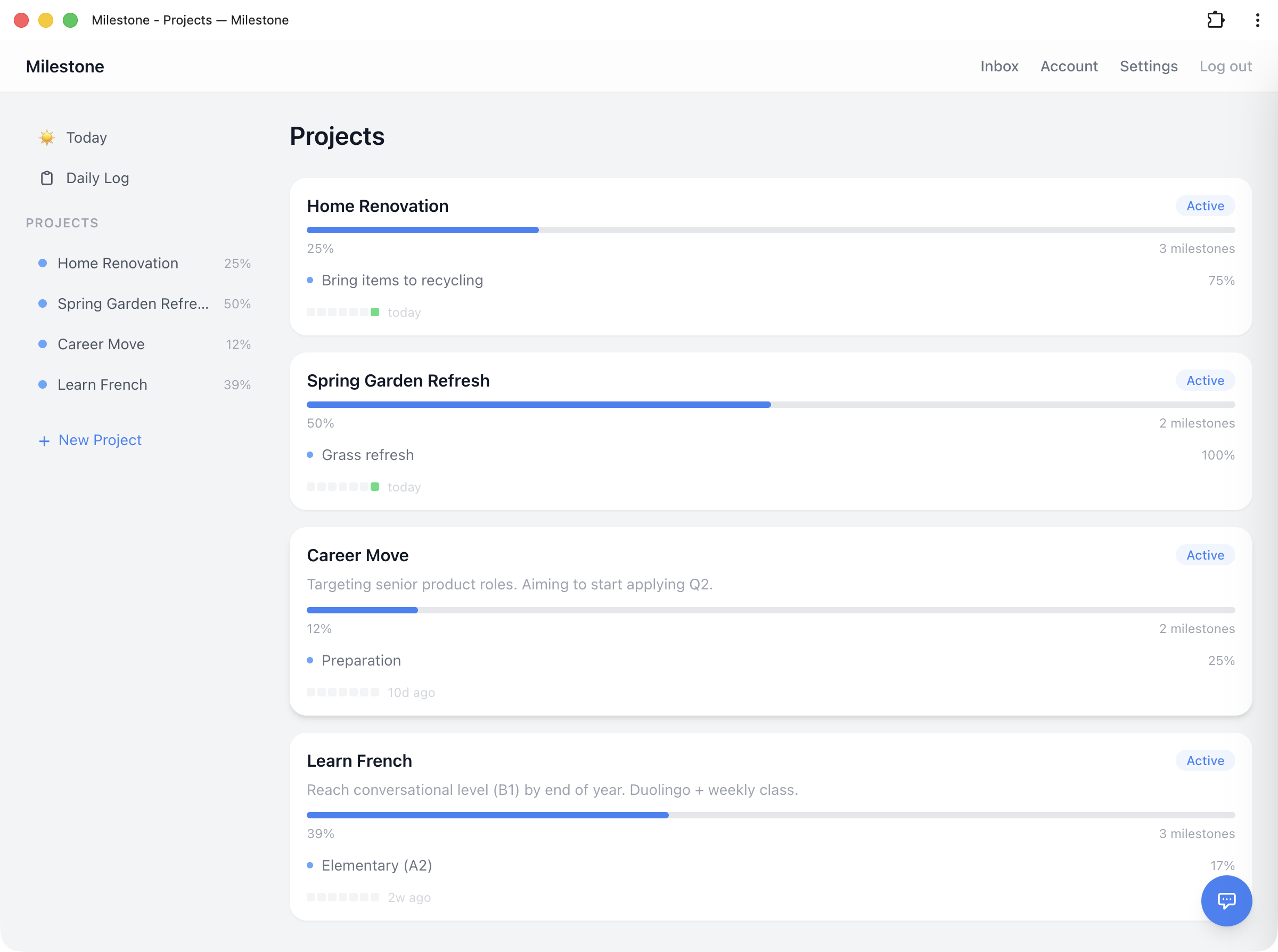 Project dashboard showing projects with milestones and progress