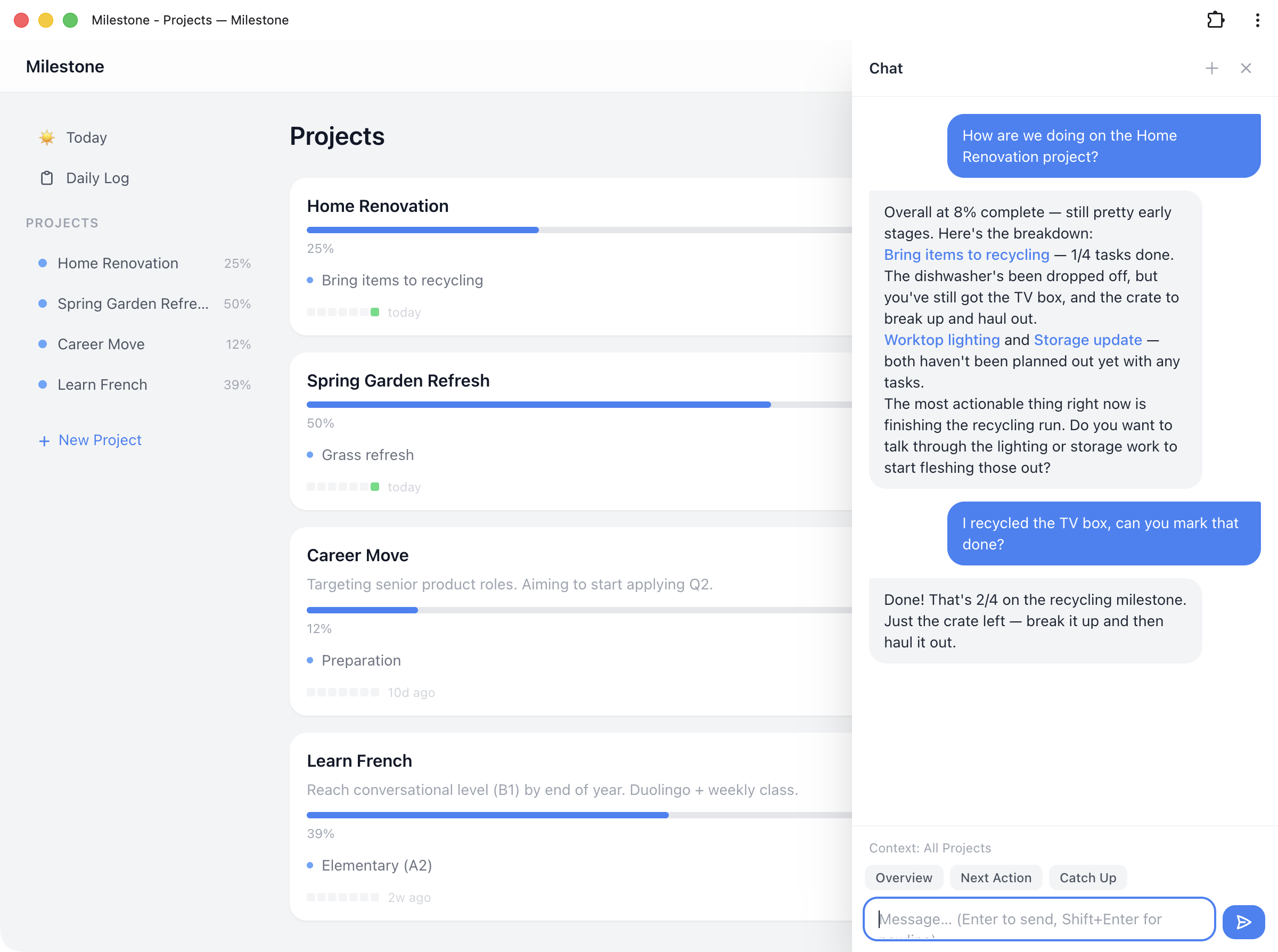 Chat assistant open alongside the project dashboard