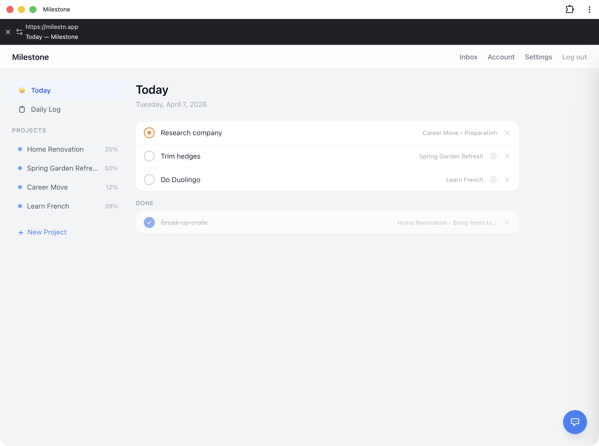 Today view showing tasks scheduled for the day